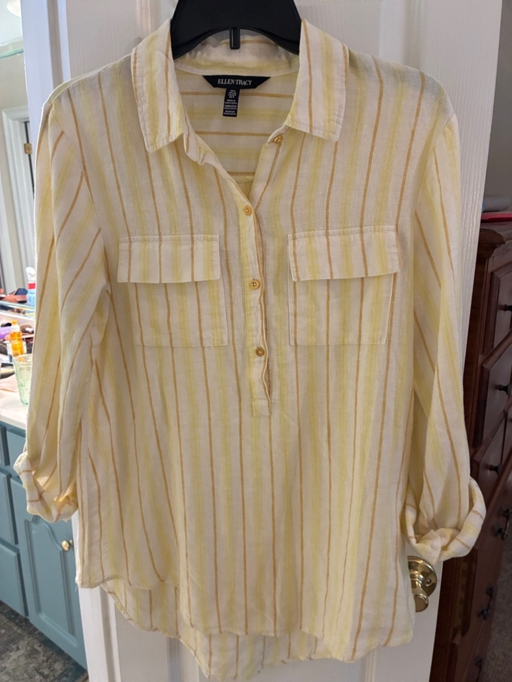 Ellen Tracy Yellow Striped Linen Blend Tab Sleeve Popover Tunic Top SZ S